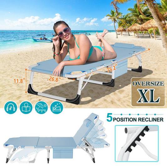 【Black Friday】Docred Face down Folding Tanning Chair with Cushion,Oversized 5-Position Recliner, Detachable Pillow, Portable Chaise Lounge for Sunbathing, Beach, Pool, Camping